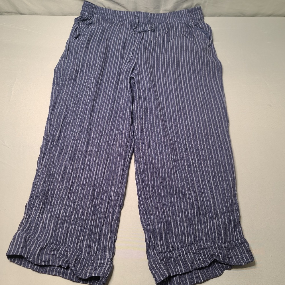 Navy Blue White Stripe Herringbone 2XL Barrel Leg Nautical Beachy Linen Boho